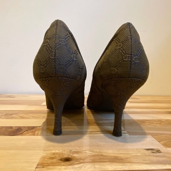 Etienne Aigner Brown Designer Patterned Kitten Heels tan brown gold bow Size 5.5 - Picture 2 of 16